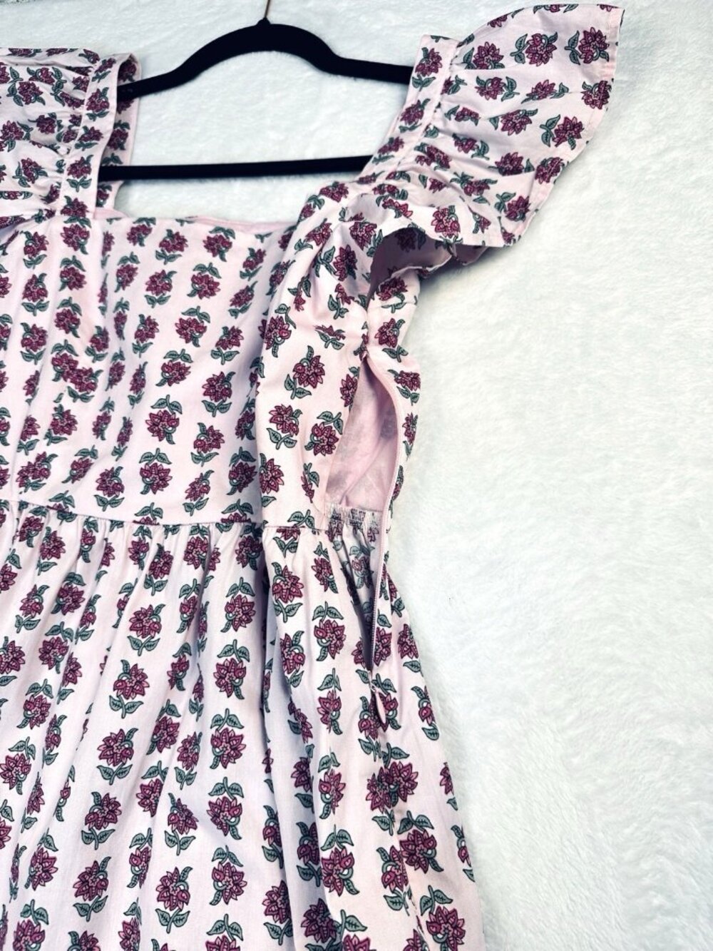 J.Crew Floral Midi Dress Pink Ruffle Sleeve Square Neck Cotton Size 6P NWT $158 - Picture 13 of 16